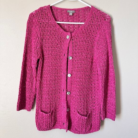 J Jill Open Knit Cardigan Sweater Womens SMALL Linen Blend Button Front Pink - Picture 1 of 11